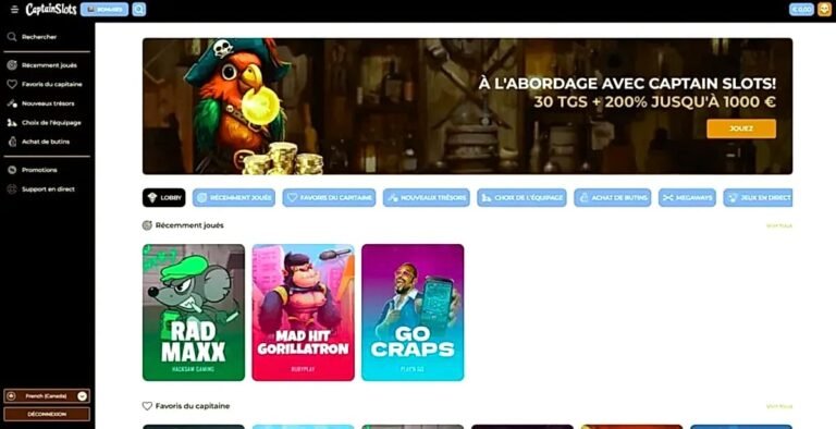 Captain Slots mobile version tested in browser